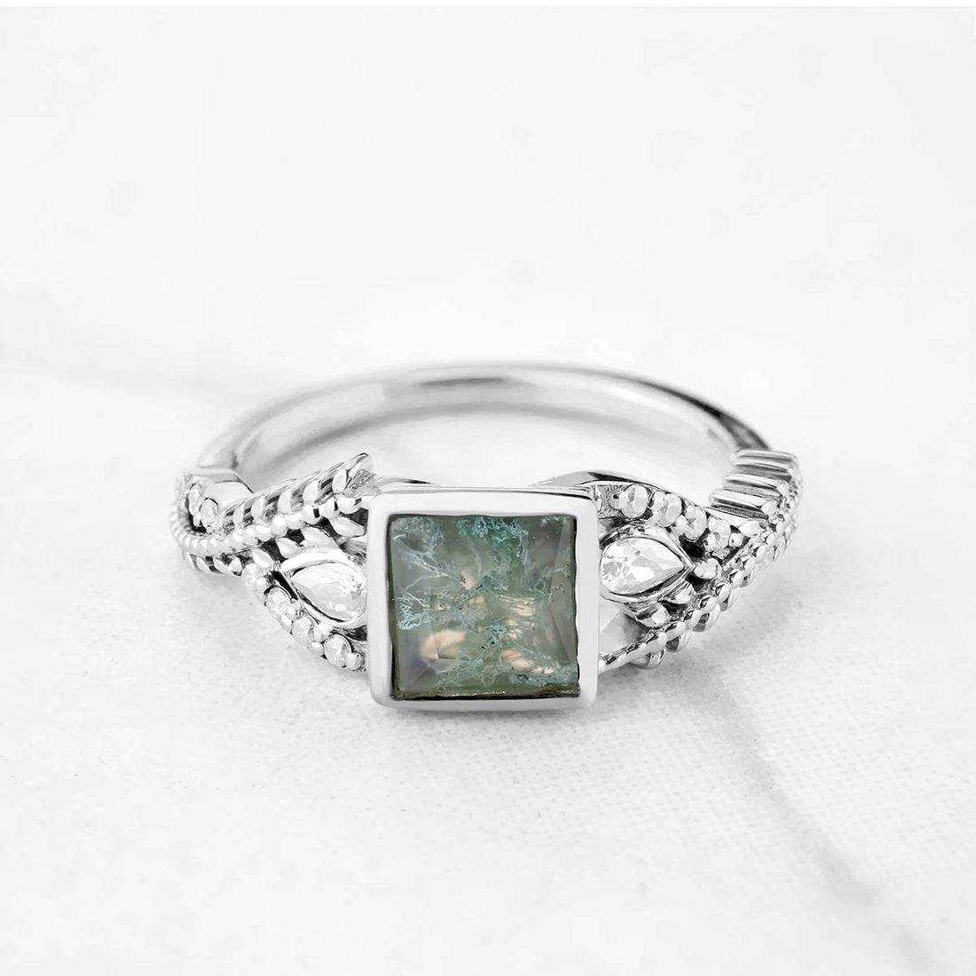 Women's Moss Agate Ring Nature Inspired Engagement Rings Rose Gold White Gold