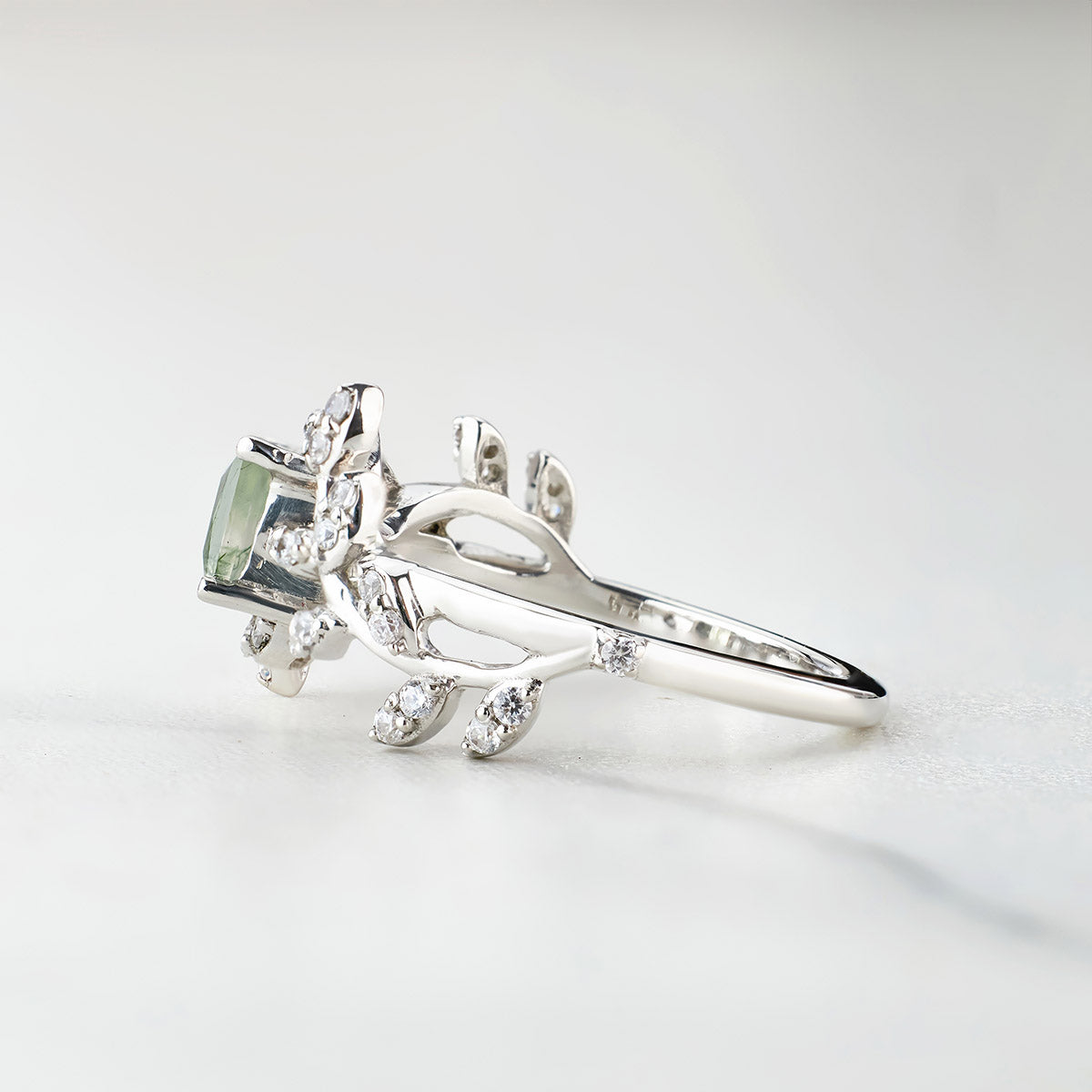 Princess Cut Moss Agate Ring Engagement Wedding Art Deco Leaf Vine Nature Rose Gold White Gold Sterling Silver
