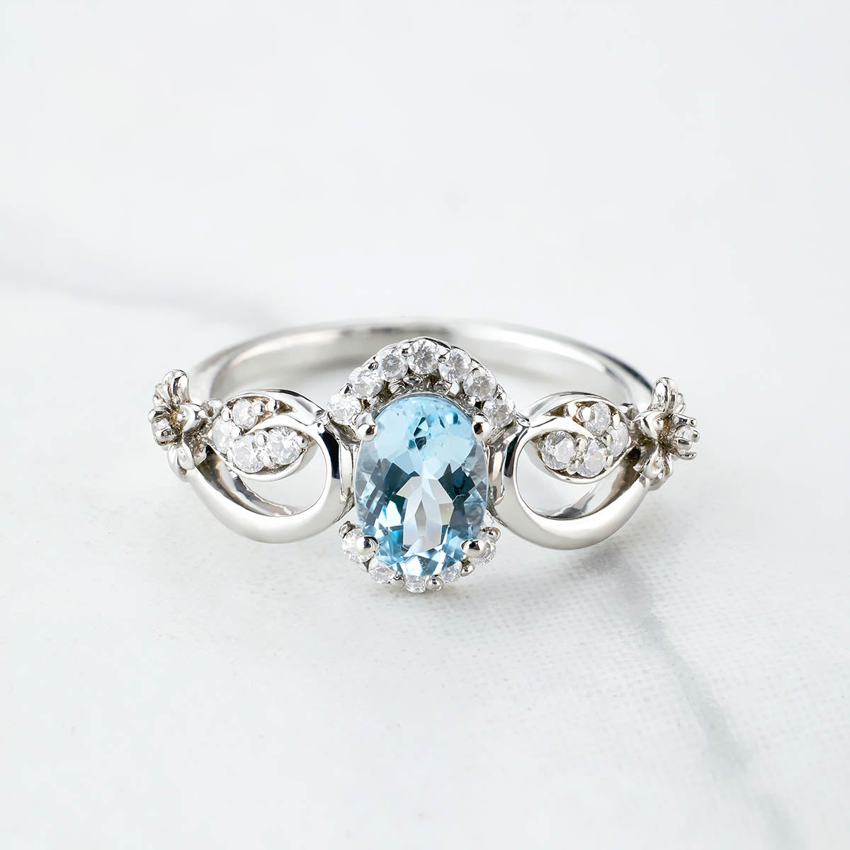 Natural Sky Blue Topaz Engagement Ring Promise Wedding Anniversary Art Deco Flower Rose Gold White Gold Silver