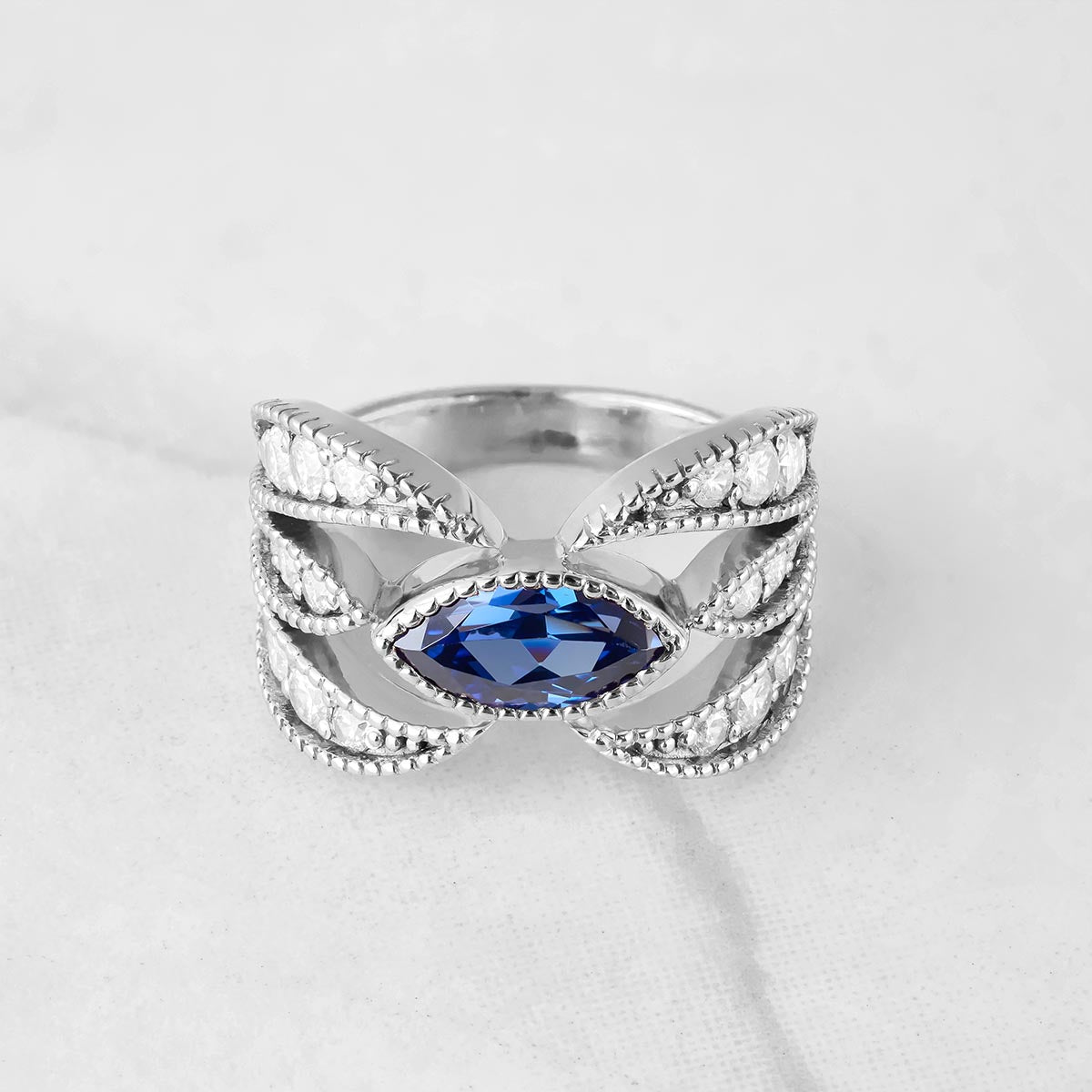Engagement Rings Marquise Cut Blue Titanic Gemstone Rose Gold White Gold Milgrain Art Deco