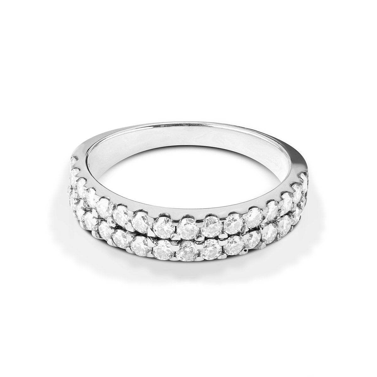 A wide silver eternity-style band encrusted with two rows of small, sparkling round stones.