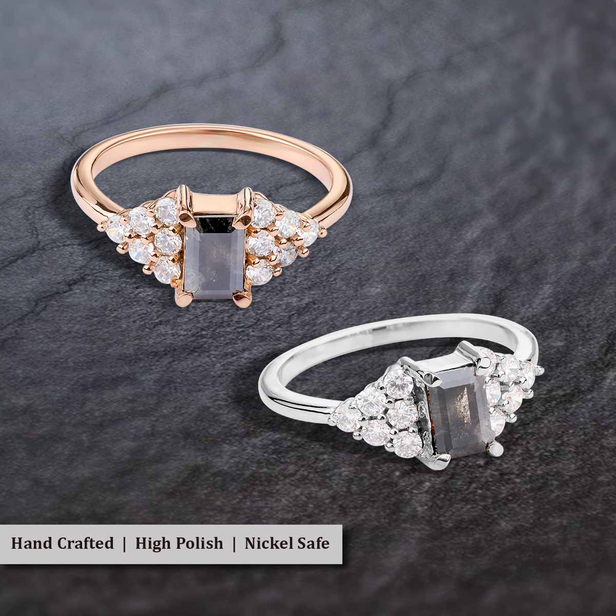 Baguette Cut Black Rustic Salt and Pepper Natural Diamond Ring
