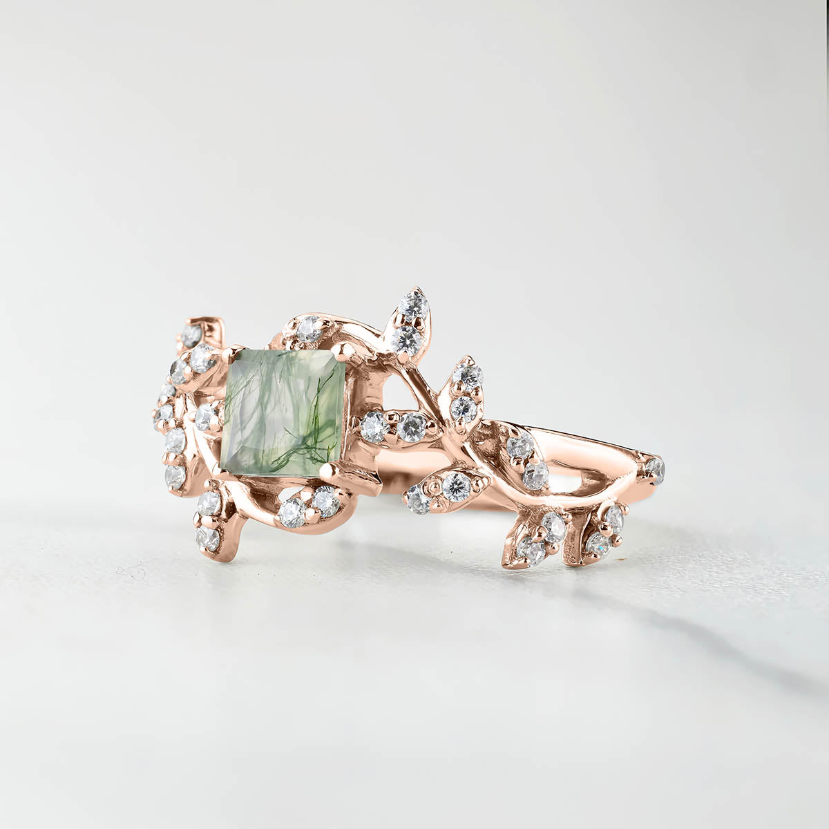 Princess Cut Moss Agate Ring Engagement Wedding Art Deco Leaf Vine Nature Rose Gold White Gold Sterling Silver