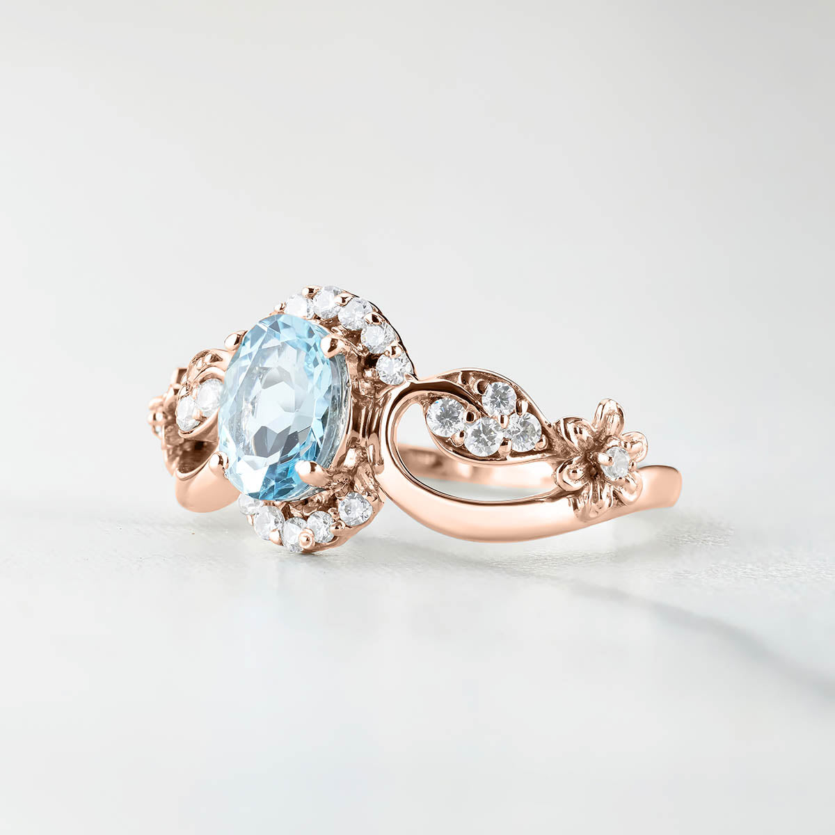 Natural Sky Blue Topaz Engagement Ring Promise Wedding Anniversary Art Deco Flower Rose Gold White Gold Silver