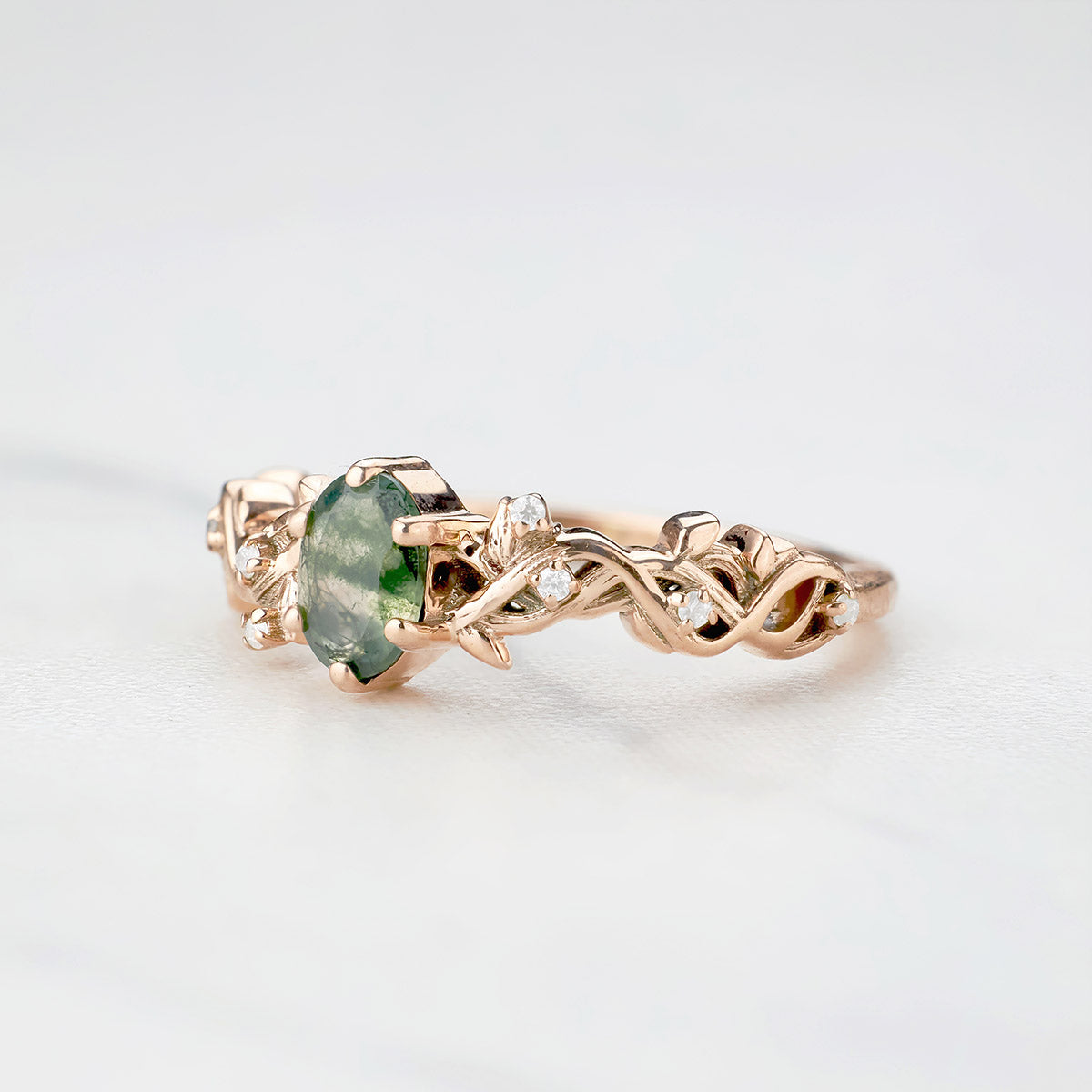 Oval Moss Agate Ring Nature Inspired Women's Engagement Ring Rose Gold White Gold Sterling Silver