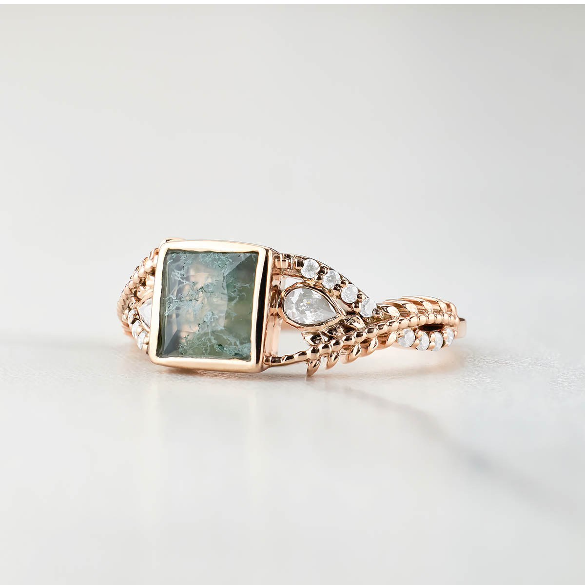 Women's Moss Agate Ring Nature Inspired Engagement Rings Rose Gold White Gold
