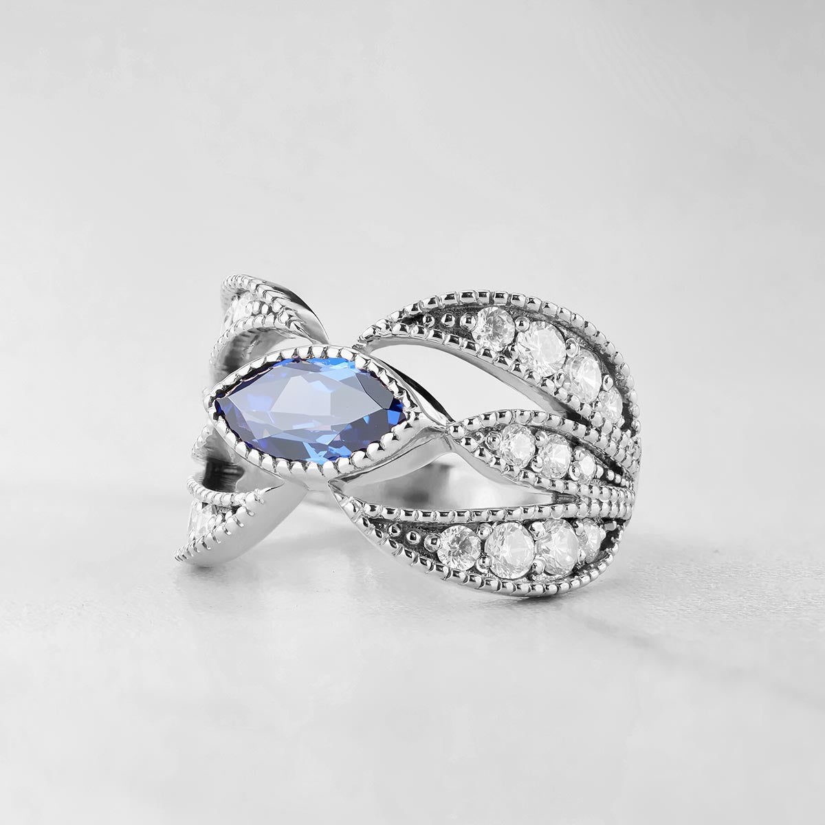 Engagement Rings Marquise Cut Blue Titanic Gemstone Rose Gold White Gold Milgrain Art Deco