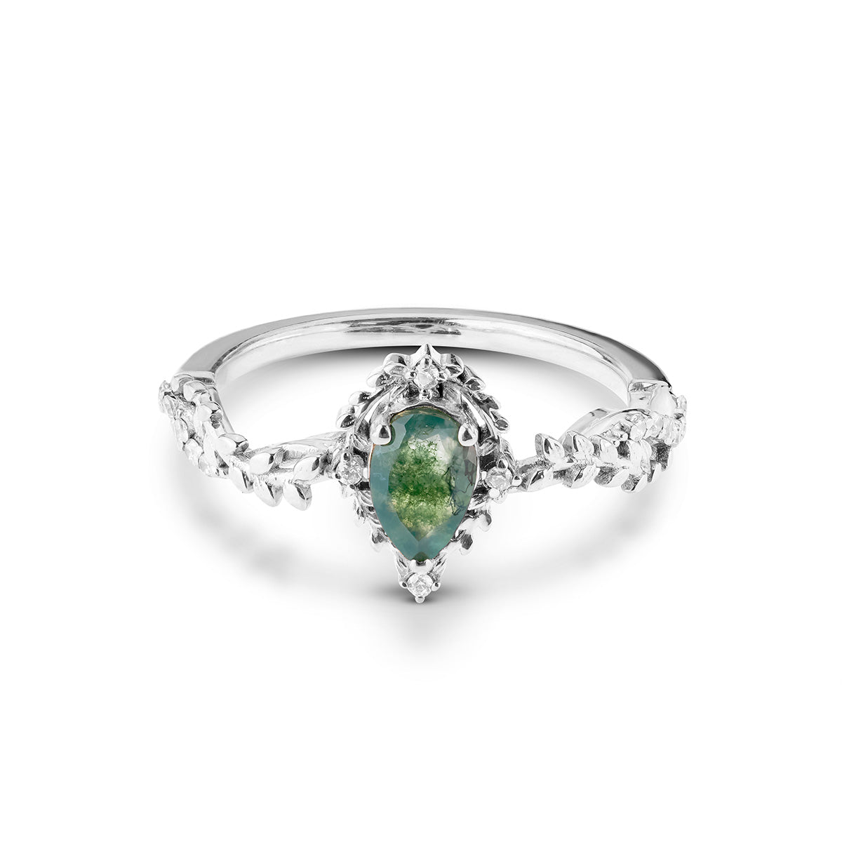 Pear-cut moss agate ring in silver with a botanical leaf design and small diamond details.