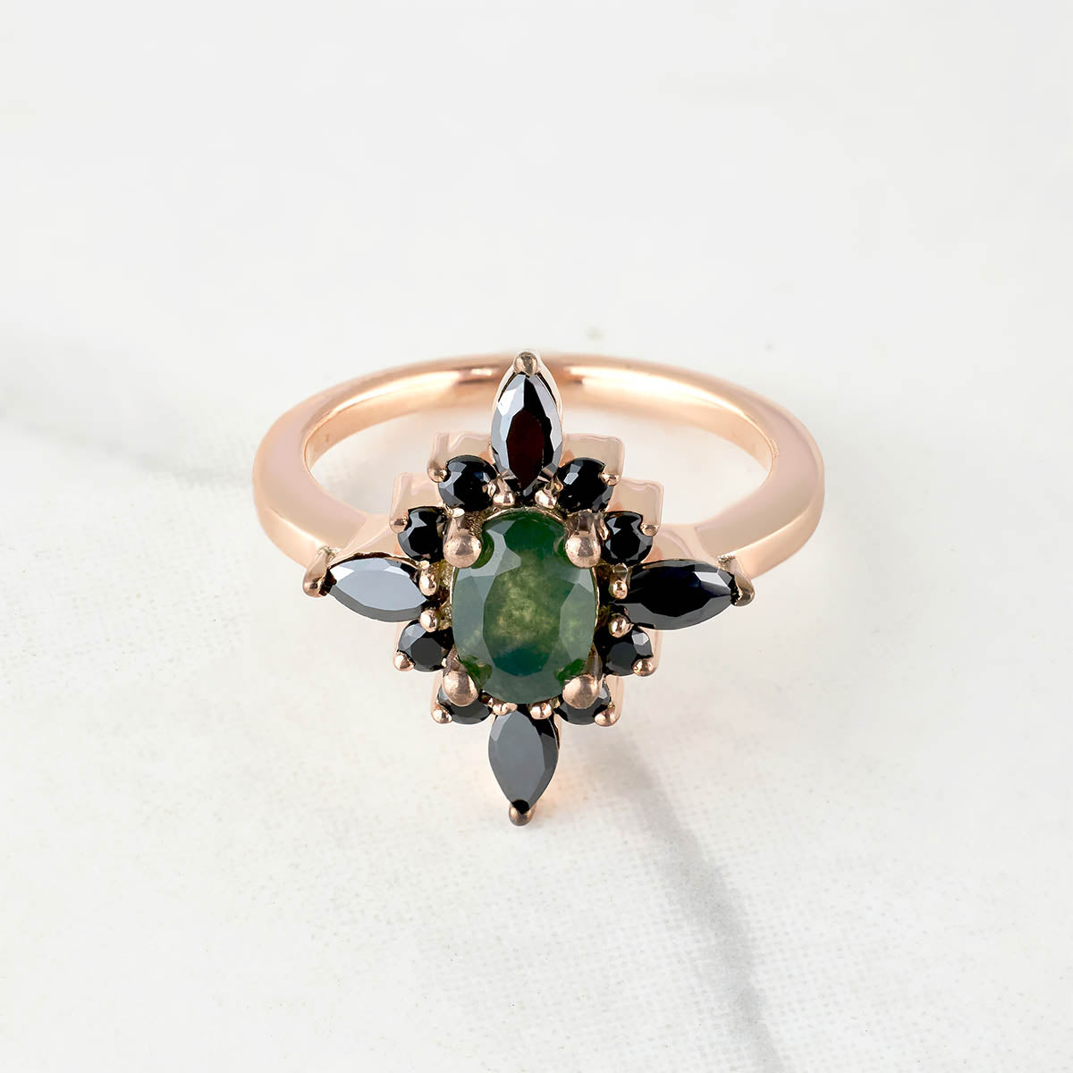Oval Cut Natural Moss Agate Gemstone Black Onyx Vintage Engagement Ring Rose Gold White Gold