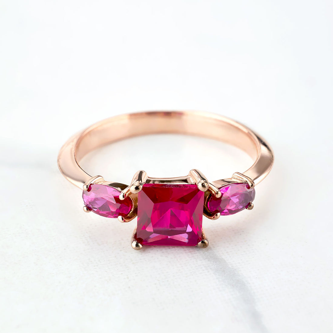 3 Stone Ruby Ring Pink Gemstone Oval Princess Cut Engagement Ring Rose Gold White Gold Sterling Silver