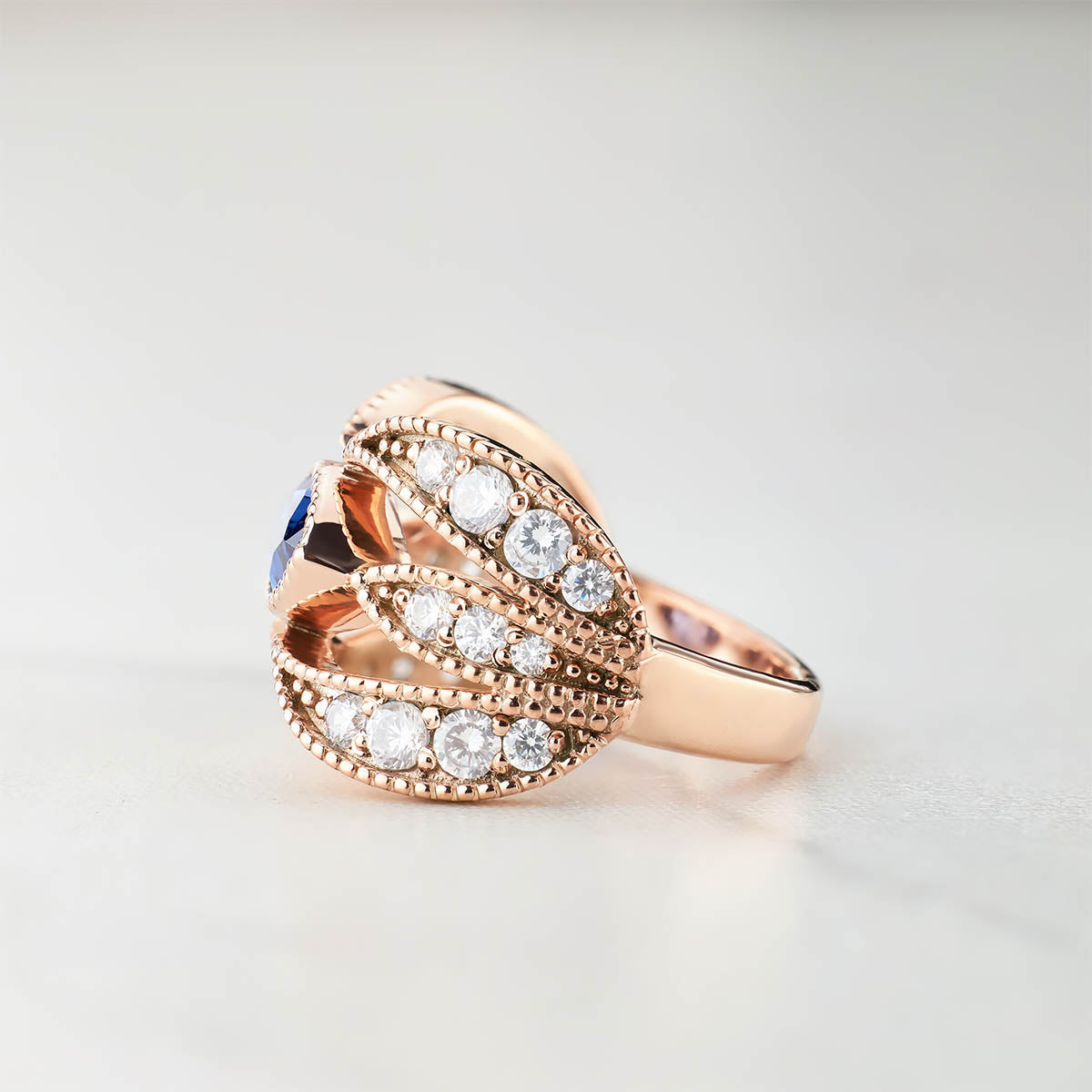 Engagement Rings Marquise Cut Blue Titanic Gemstone Rose Gold White Gold Milgrain Art Deco