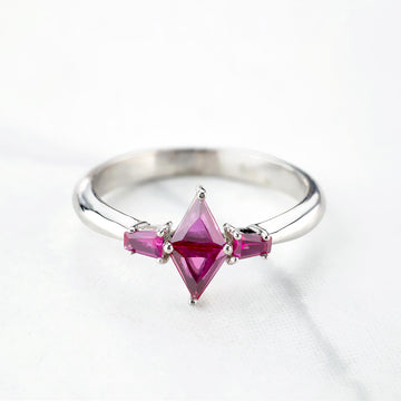 Ruby Engagement Ring Pink Gemstone Triangle Baguette Rose Gold White Gold Silver Promise Wedding Anniversary