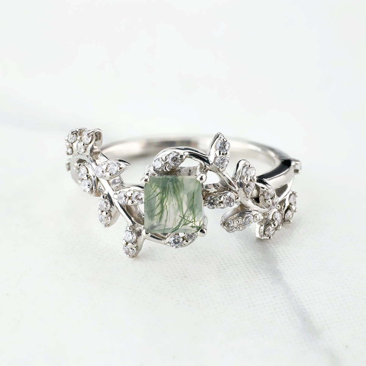 Princess Cut Moss Agate Ring Engagement Wedding Art Deco Leaf Vine Nature Rose Gold White Gold Sterling Silver