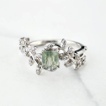 Princess Cut Moss Agate Ring Engagement Wedding Art Deco Leaf Vine Nature Rose Gold White Gold Sterling Silver