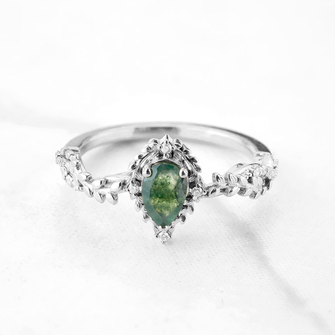 Moss Agate Engagement Ring Pear Cut Leaf Vine Nature Inspired
