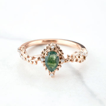 Moss Agate Engagement Ring Pear Cut Leaf Vine Nature Inspired