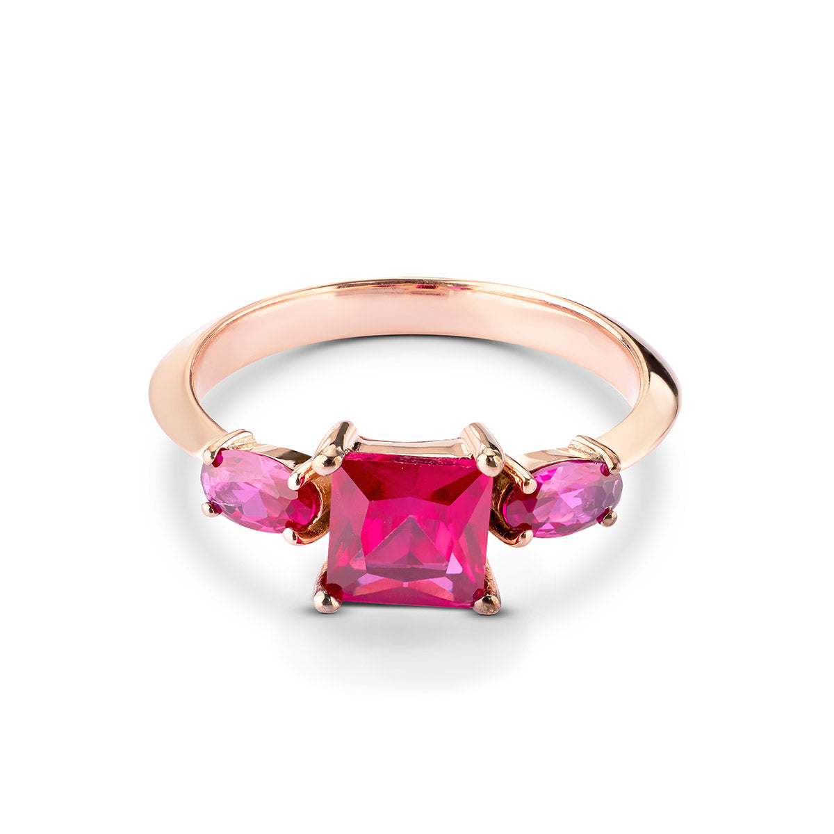 Rose gold ring with a pink gemstone on a white background