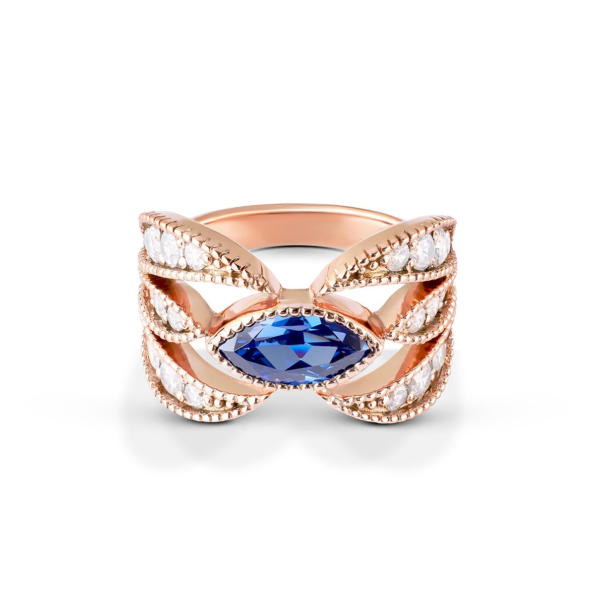 Marquise sapphire ring in silver with a modern, flared multi-row diamond band design.