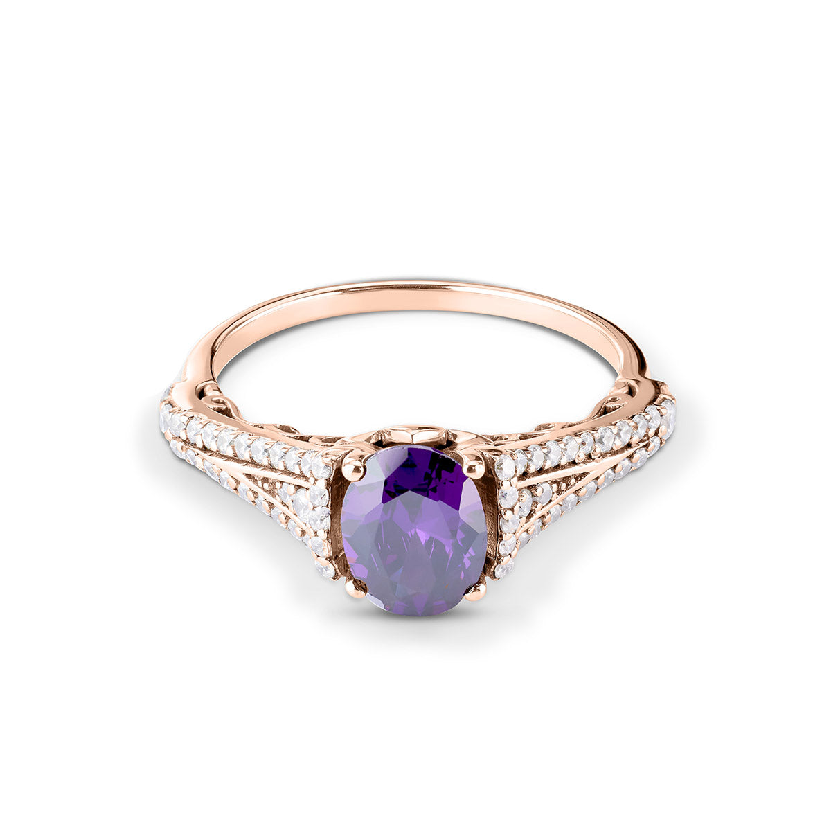 Ornate silver ring featuring a deep purple oval stone and decorative diamond-lined band.
