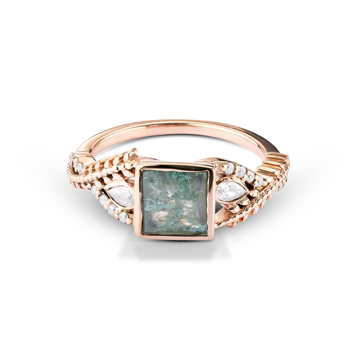 Rose gold ring with a square moss agate center and leafy, diamond-accented split shoulders.