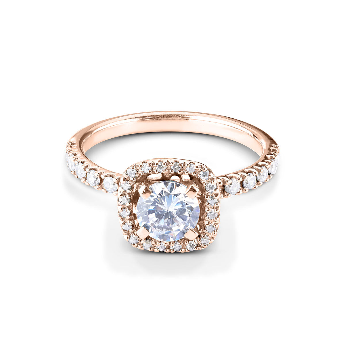 Classic halo diamond ring in rose gold with small brilliant-cut diamonds along the shank.
