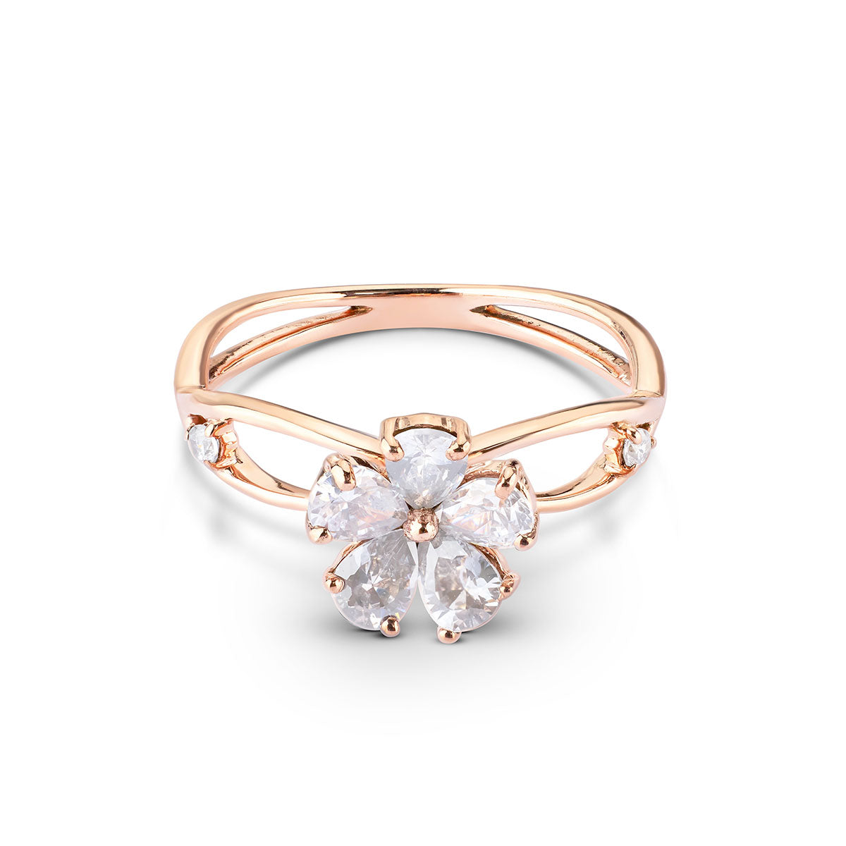 rose gold or silver ring with a cluster of pear diamonds in a flower motif.