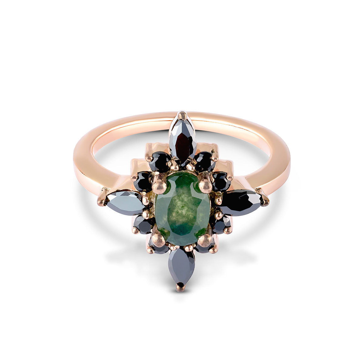 Green moss agate rose gold ring with a sunburst halo of small and marquise black diamonds.
