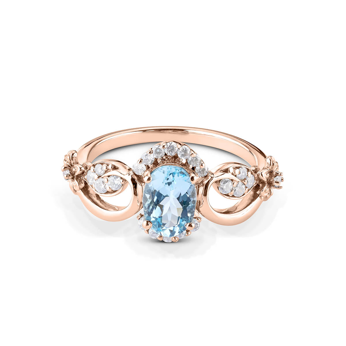 Rose gold ring with a blue gemstone and diamond accents on a white background