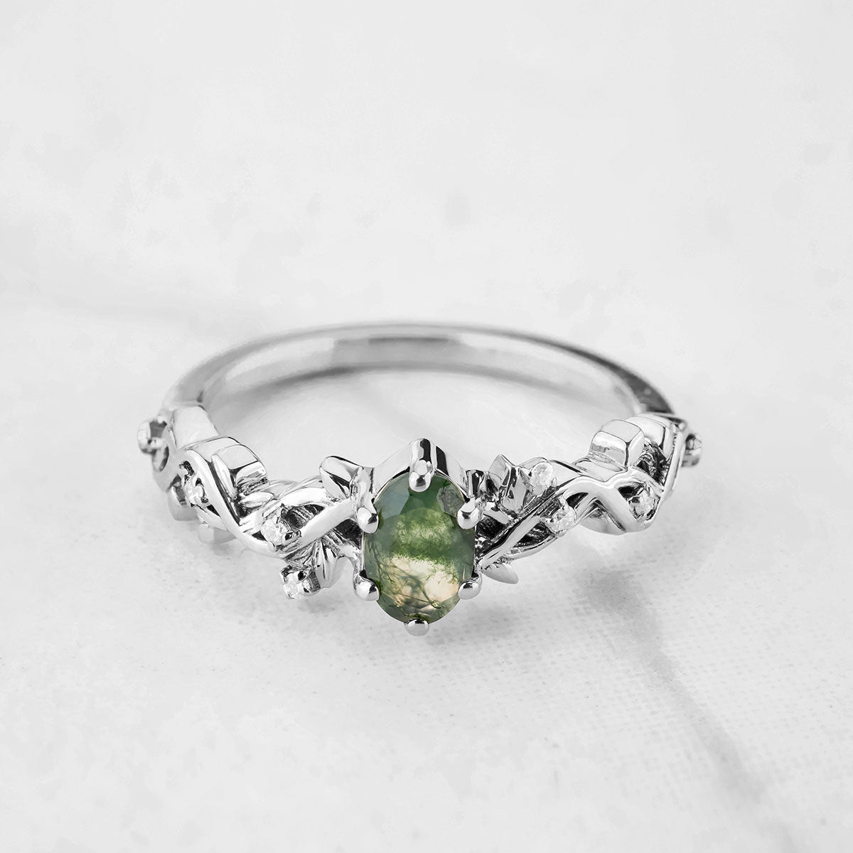 Oval Moss Agate Ring Nature Inspired Women's Engagement Ring Rose Gold White Gold Sterling Silver