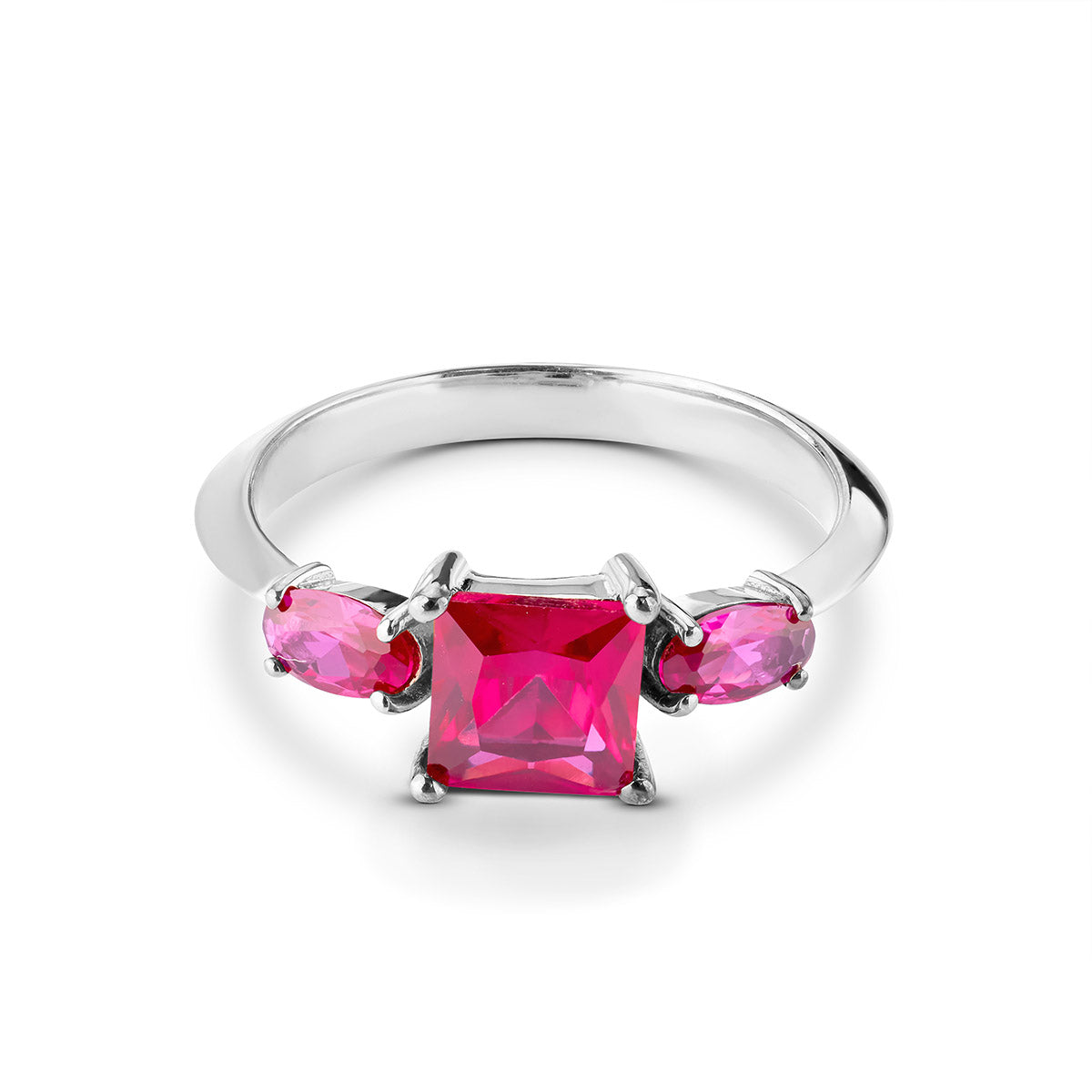 Silver ring with a pink gemstone on a white background