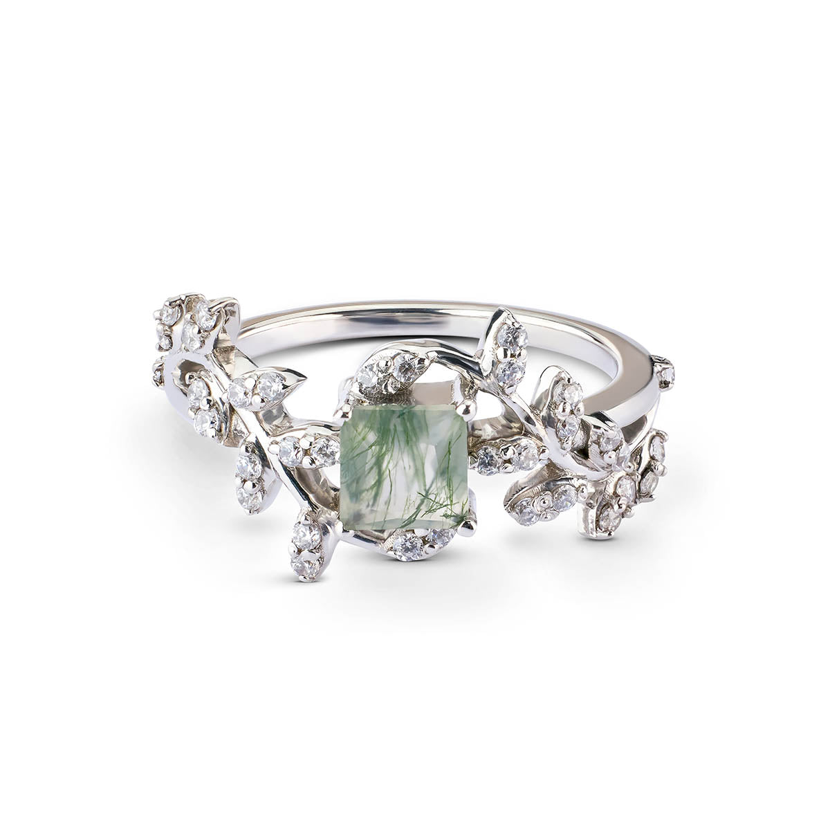 Whimsical silver botanical ring with a square moss agate gem surrounded by delicate diamond vines.