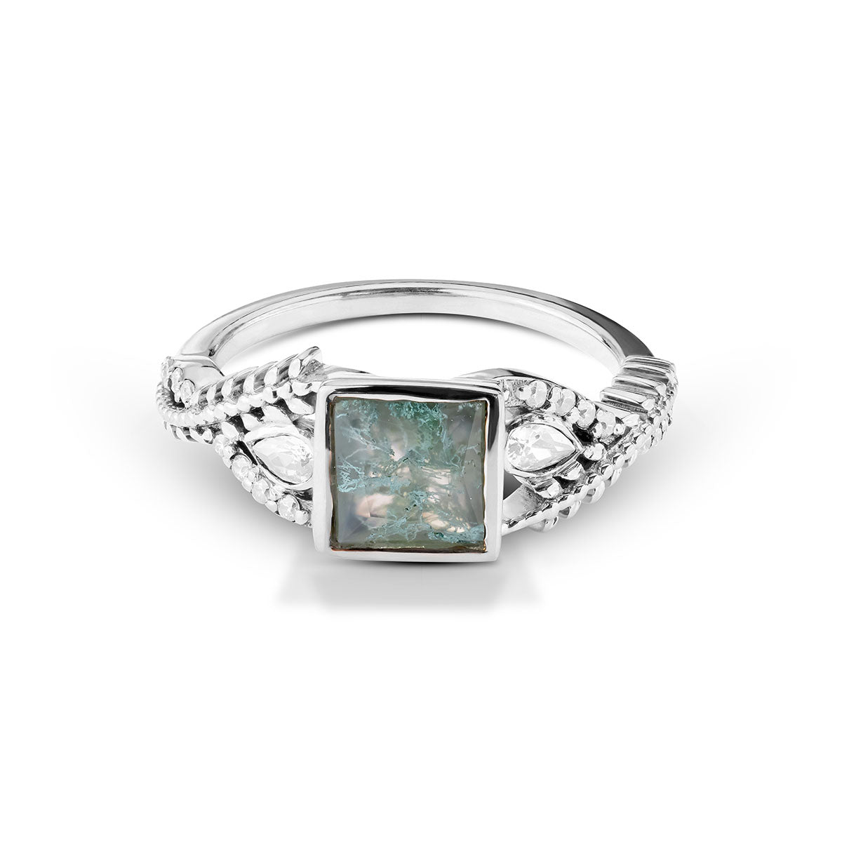 Intricate Silver moss agate ring with textured wheat-patterned band and sparkling accents.
