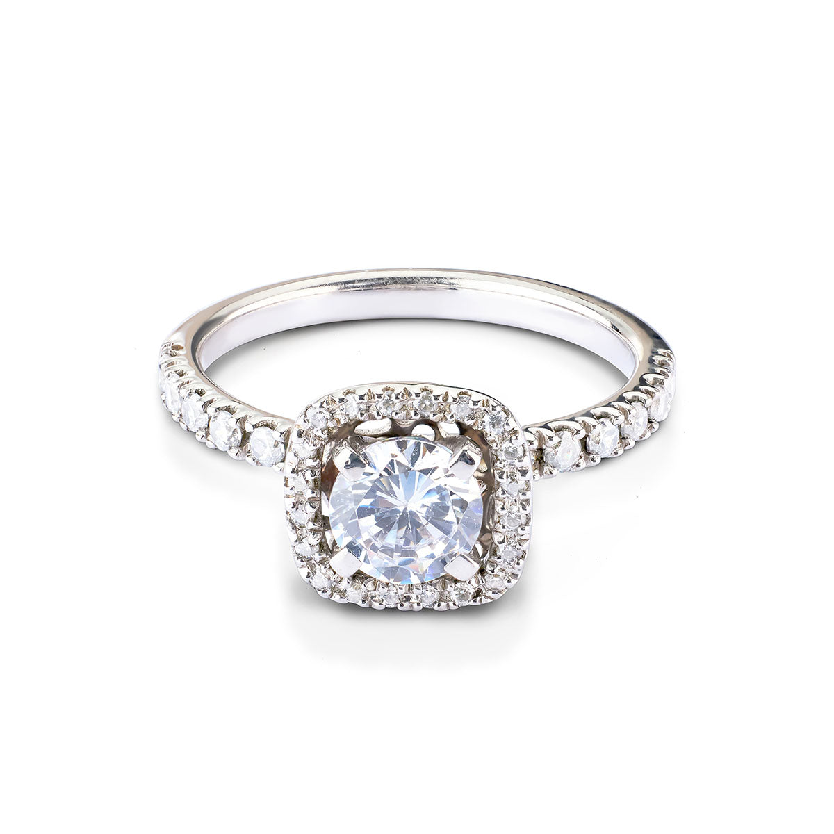 Silver band holding a round diamond in a shimmering square-shaped halo setting.