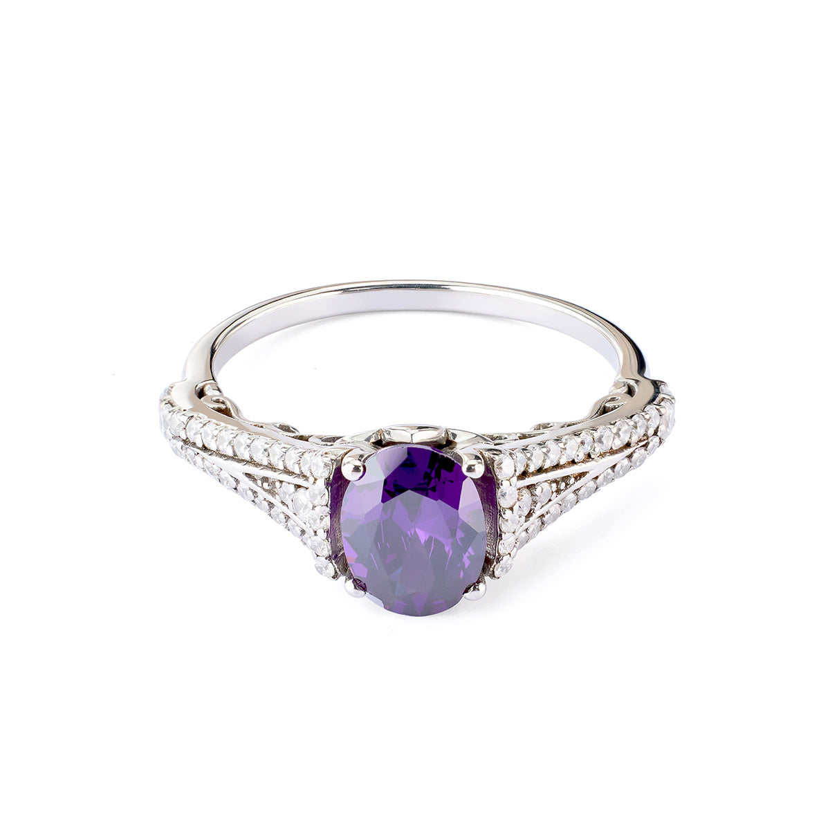 Silver ring with a large oval purple amethyst and vintage-style pavé diamond split shoulders.