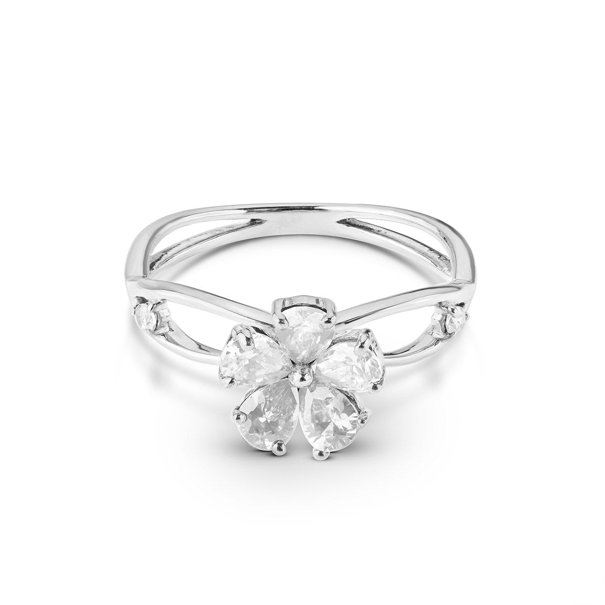 Floral ring with a five-petal crystal center and a delicate split-shank design.