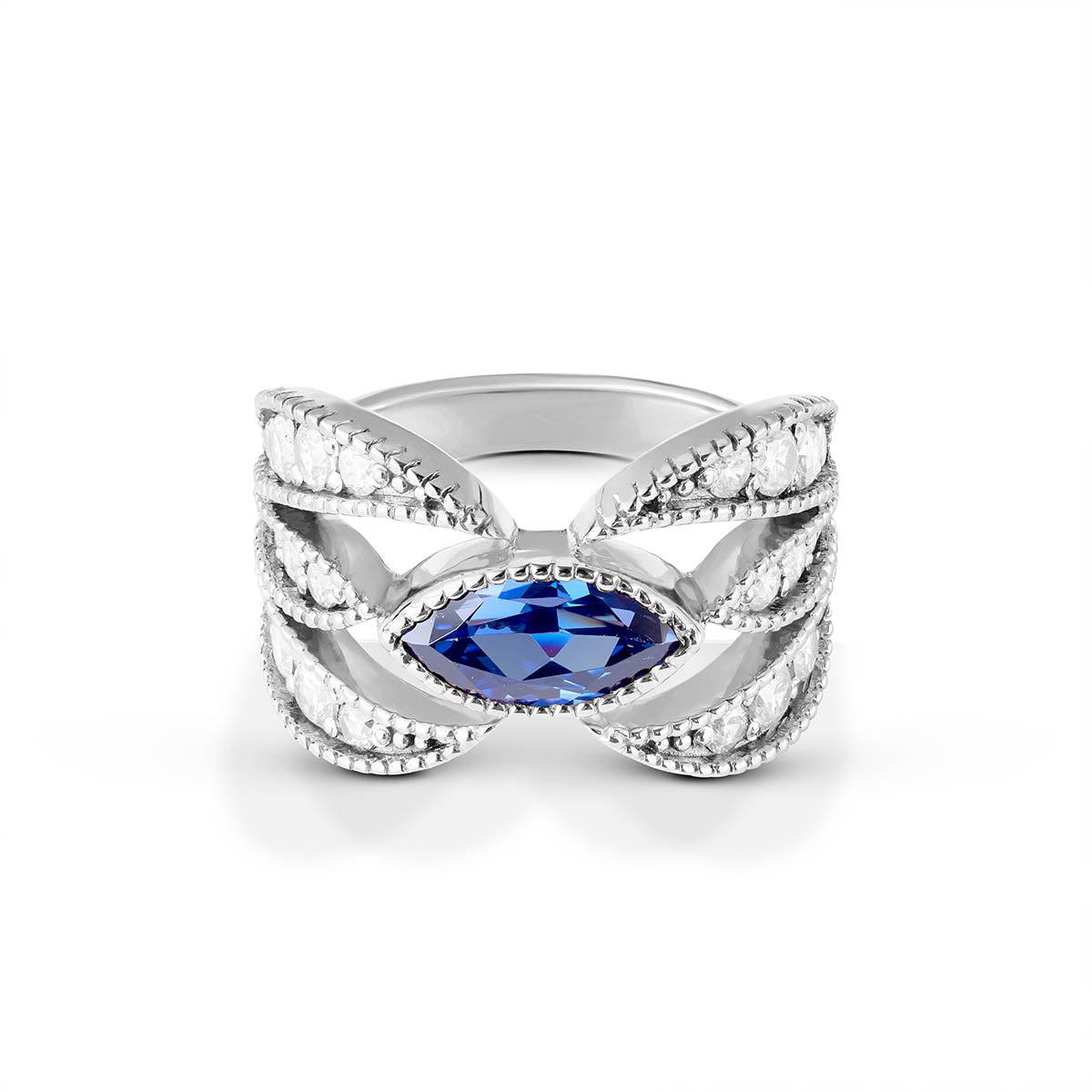 Butterfly-shaped silver ring featuring a horizontal blue sapphire and rows of sparkling pavé diamonds.