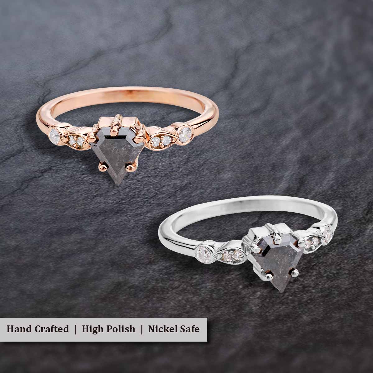Pentagon Cut Salt and Pepper Rustic Diamond Wedding Ring