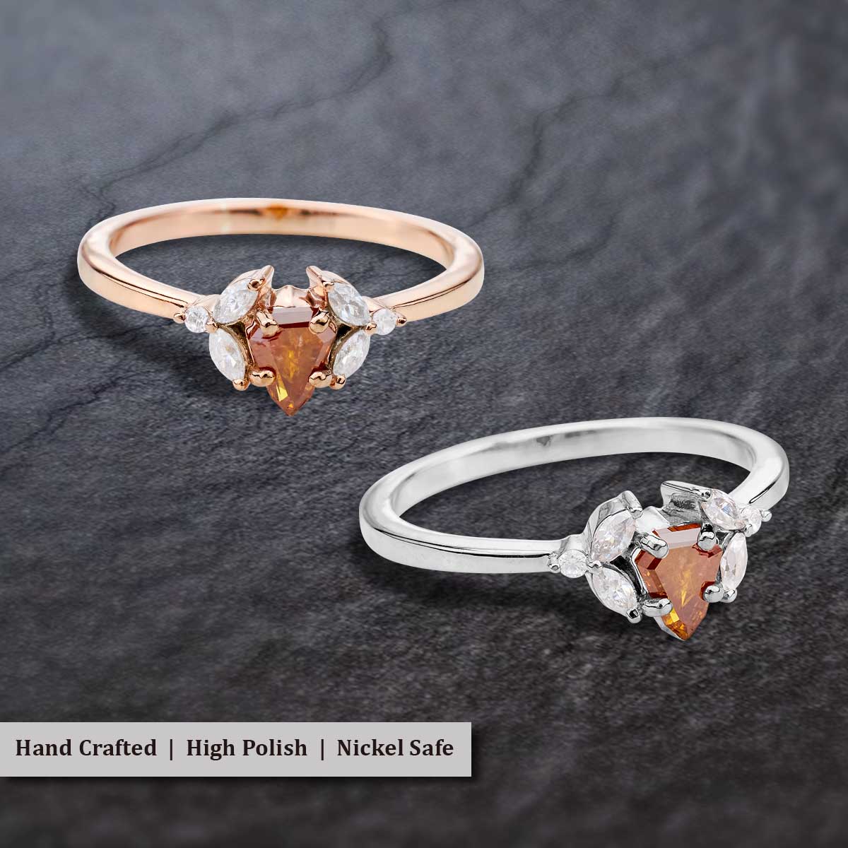 Shield Cut Orange Natural Rustic Diamond and Moissanite Ring