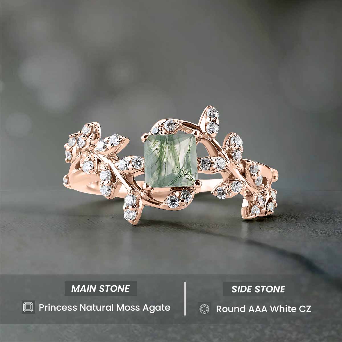 Princess Cut Moss Agate Ring Engagement Wedding Art Deco Leaf Vine Nature Rose Gold White Gold Sterling Silver