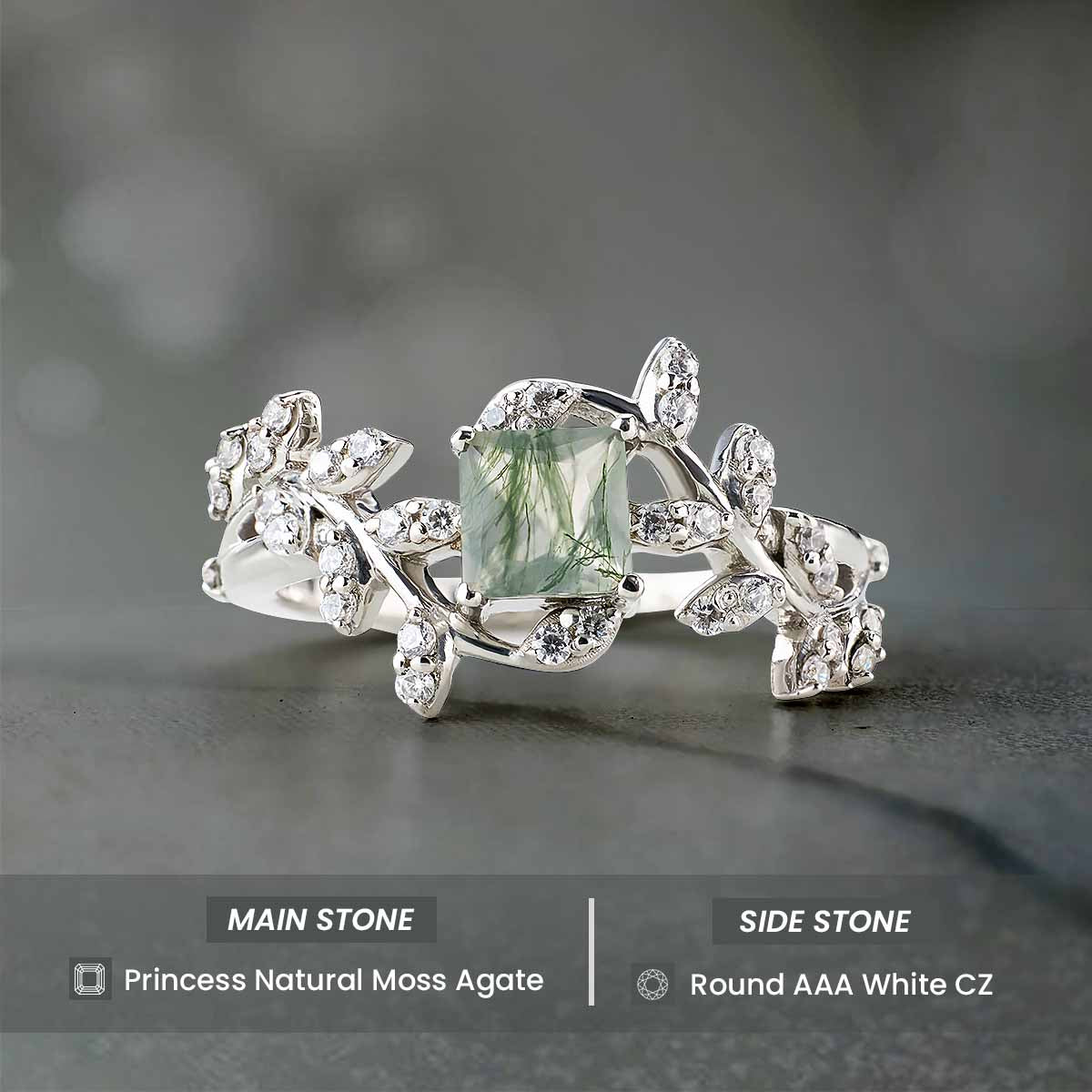 Princess Cut Moss Agate Ring Engagement Wedding Art Deco Leaf Vine Nature Rose Gold White Gold Sterling Silver