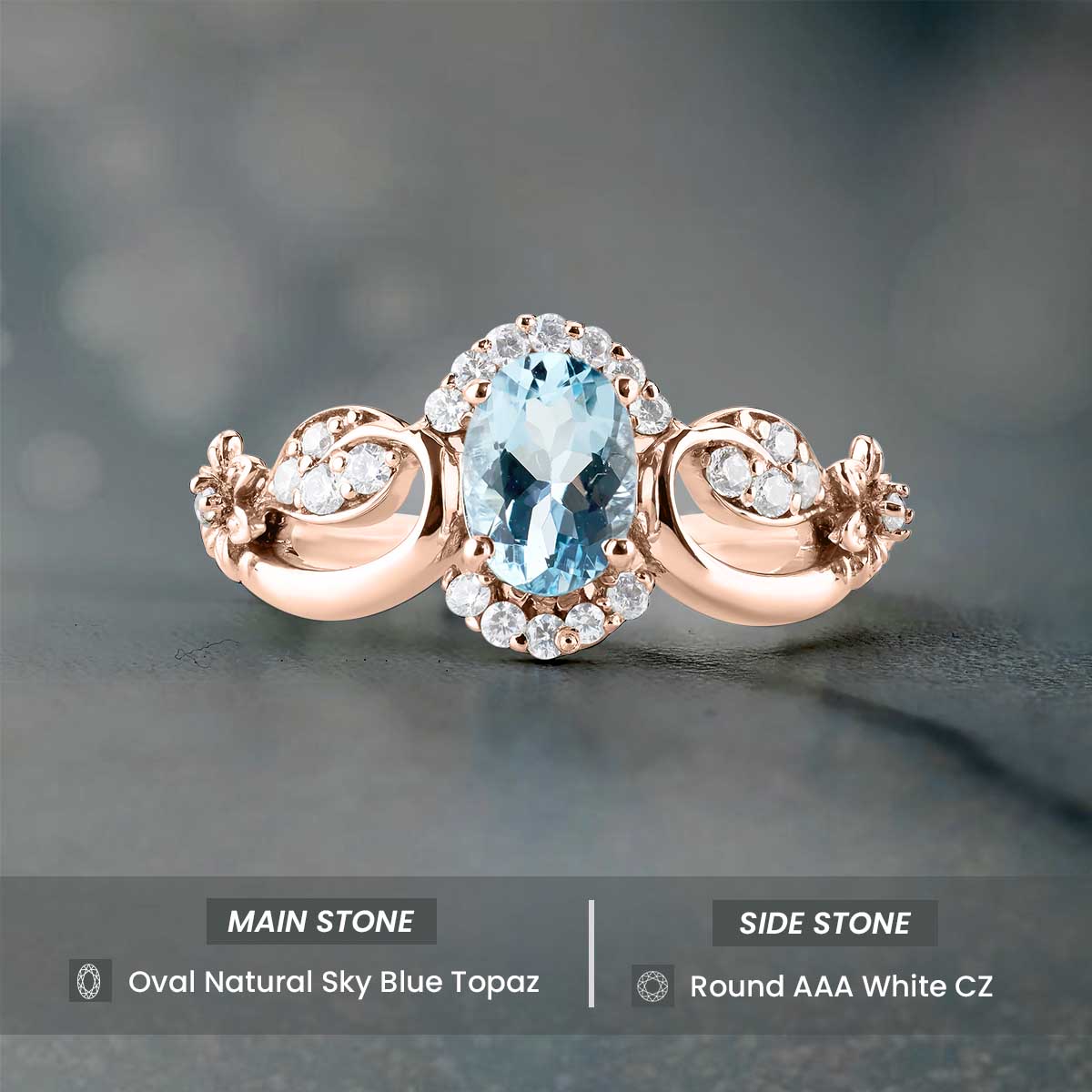 Natural Sky Blue Topaz Engagement Ring Promise Wedding Anniversary Art Deco Flower Rose Gold White Gold Silver
