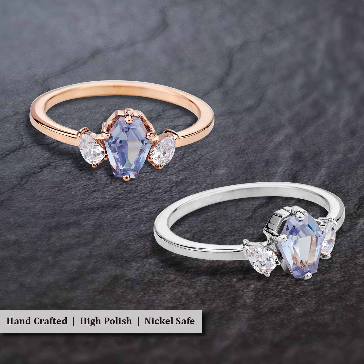 Coffin Cut Blue Titanic Gemstone and Pear Moissanite 3 Stone Engagement Ring
