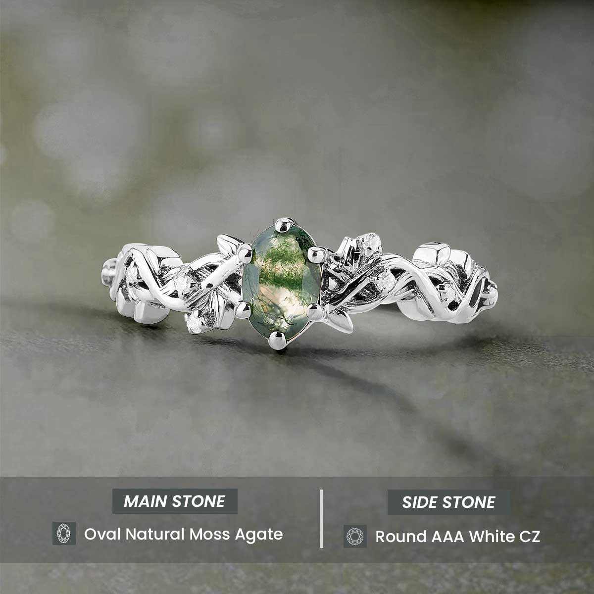 Oval Moss Agate Ring Nature Inspired Women's Engagement Ring Rose Gold White Gold Sterling Silver