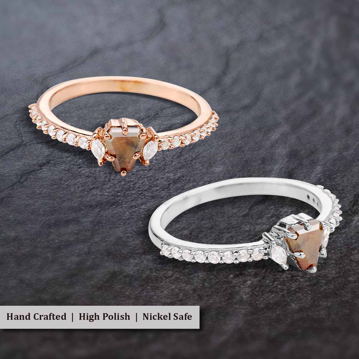 Fancy colored natural rustic diamond coffin cut engagement ring
