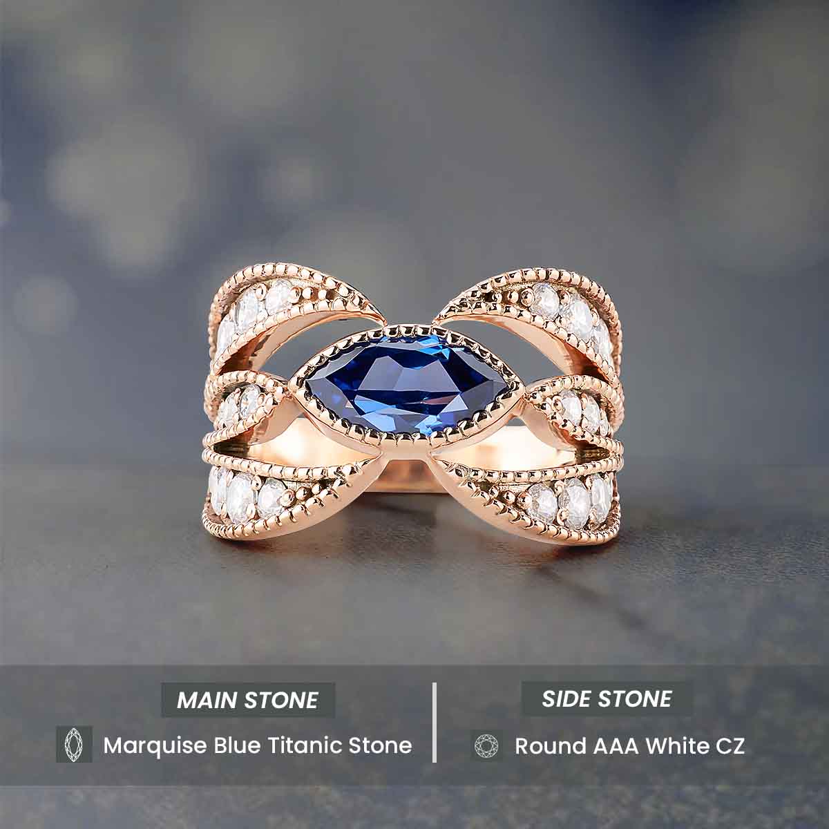 Engagement Rings Marquise Cut Blue Titanic Gemstone Rose Gold White Gold Milgrain Art Deco