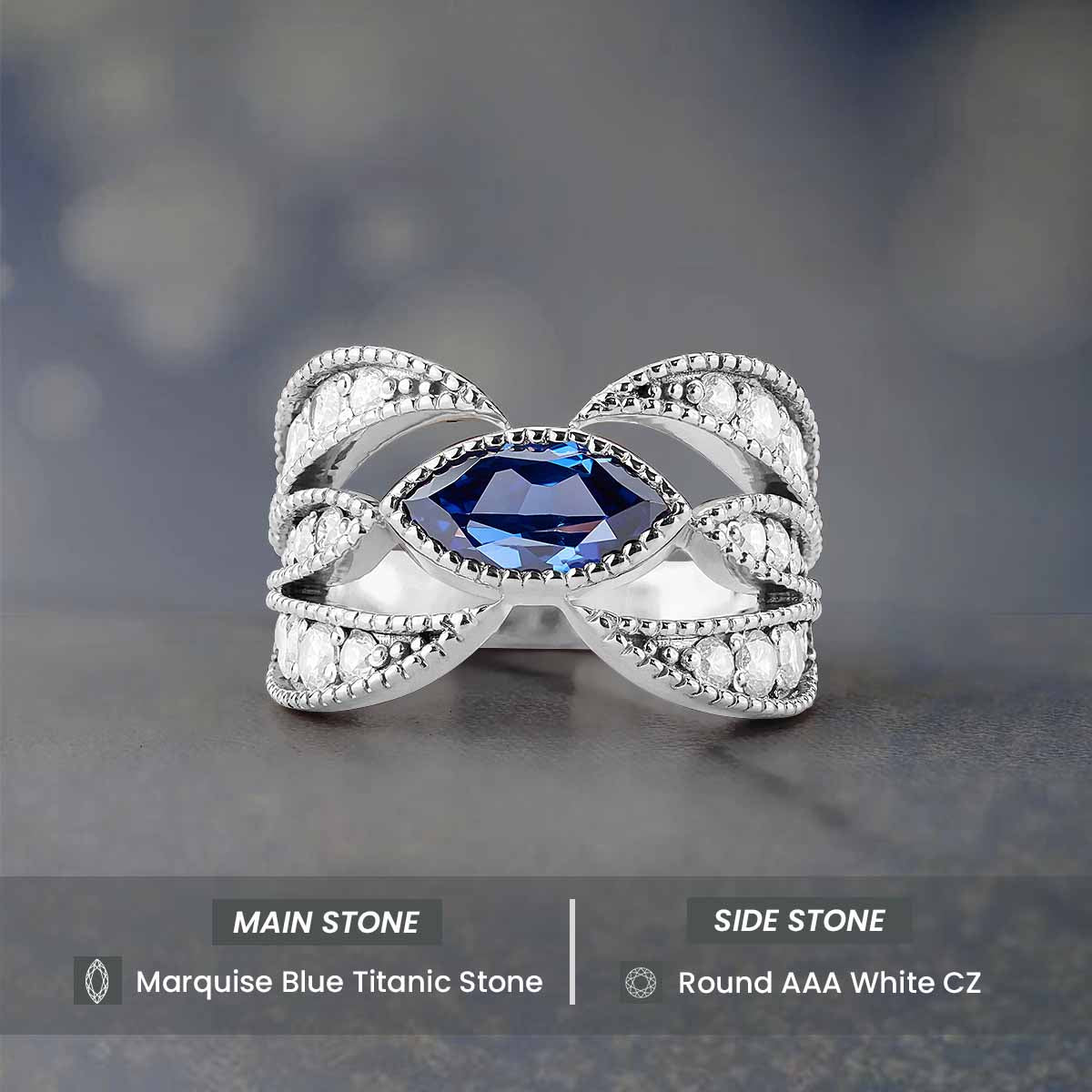 Engagement Rings Marquise Cut Blue Titanic Gemstone Rose Gold White Gold Milgrain Art Deco