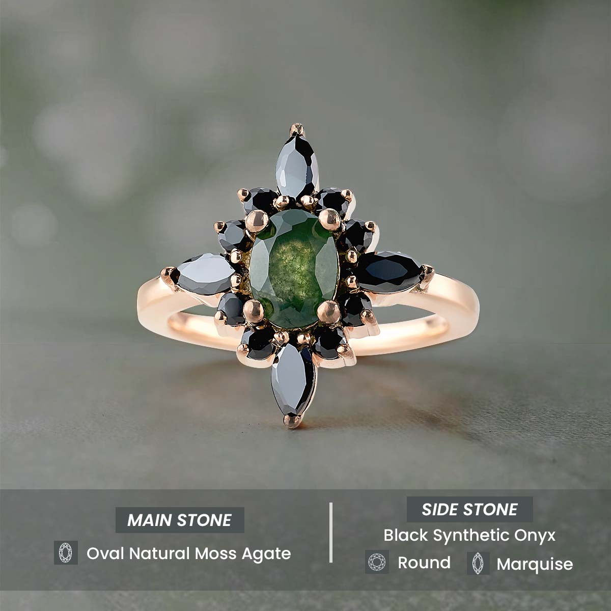Oval Cut Natural Moss Agate Gemstone Black Onyx Vintage Engagement Ring Rose Gold White Gold
