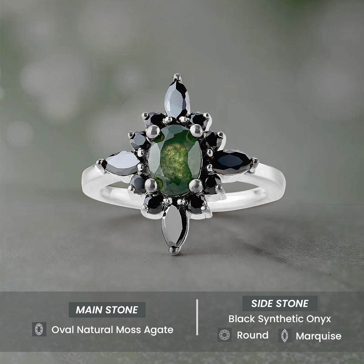 Oval Cut Natural Moss Agate Gemstone Black Onyx Vintage Engagement Ring Rose Gold White Gold