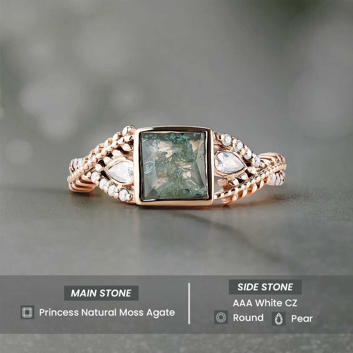 Women's Moss Agate Ring Nature Inspired Engagement Rings Rose Gold White Gold