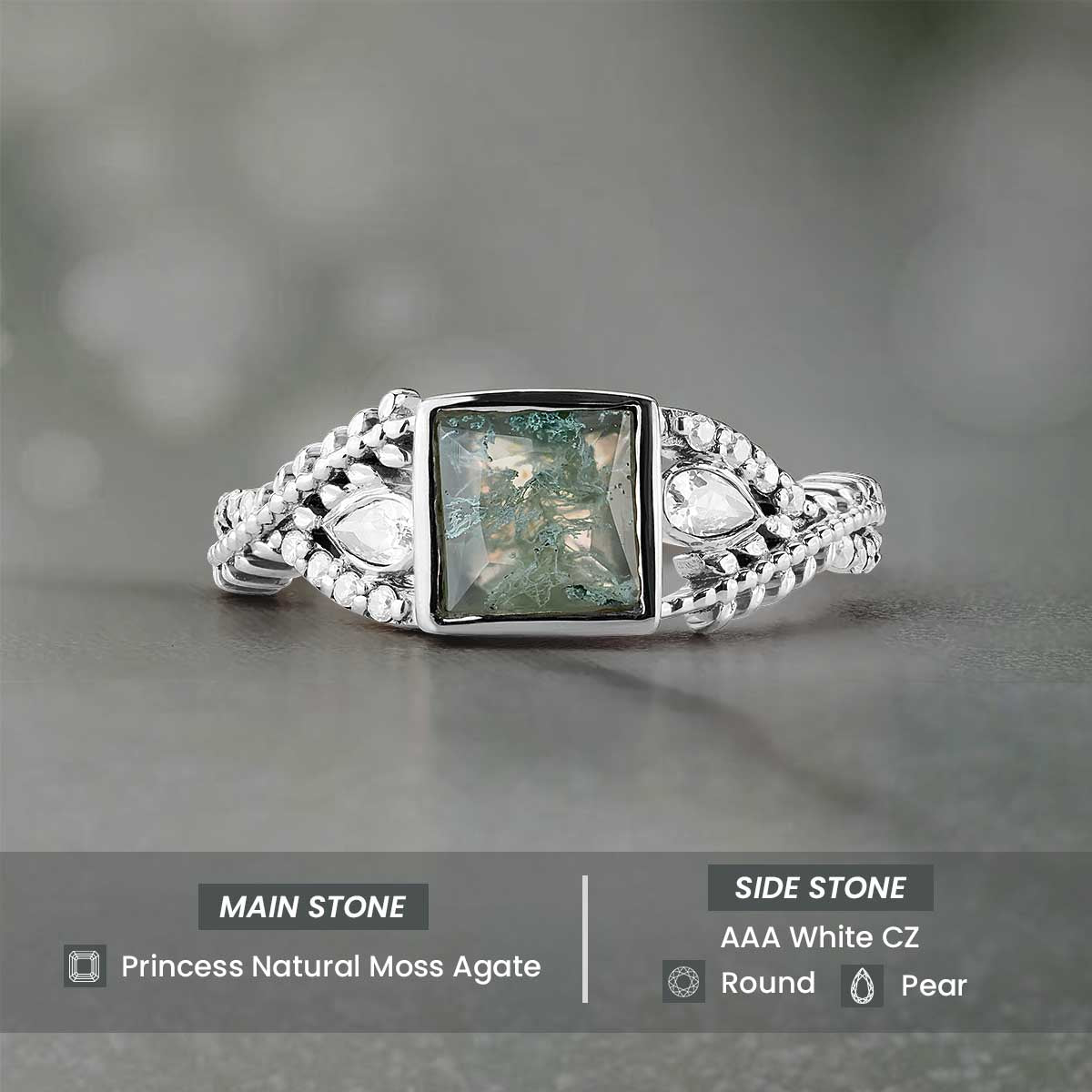 Women's Moss Agate Ring Nature Inspired Engagement Rings Rose Gold White Gold
